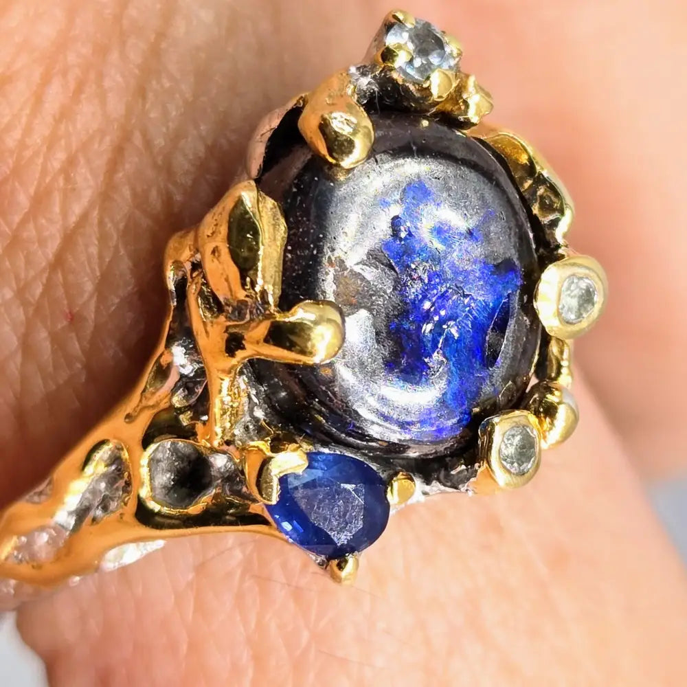 Deepest Blues Sz 8 Ring - Australian Boulder Opal Sapphire Zircon Sterling W/ 18k Accents