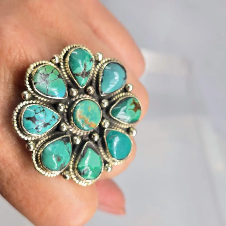 ?DEsert Bloom #1’’ Adj. Size Ring - Kingman Turquoise German Silver