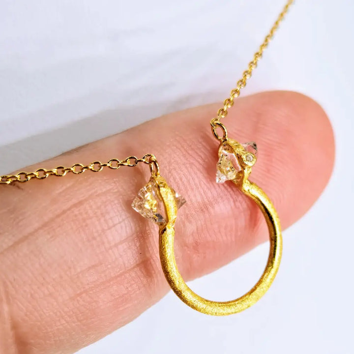 Diamond Bull Ring 15’’ - 19’’ Necklace - Herkimer 18k Gold Sterling