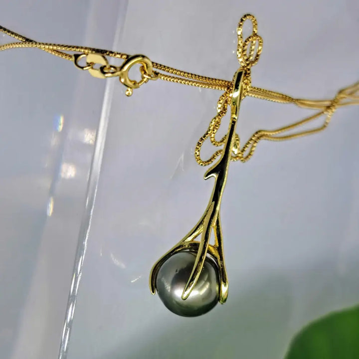 ?DIvining Rod’ 18’’ Pendant Necklace - Tahitian Pearl 18k Gold Sterling