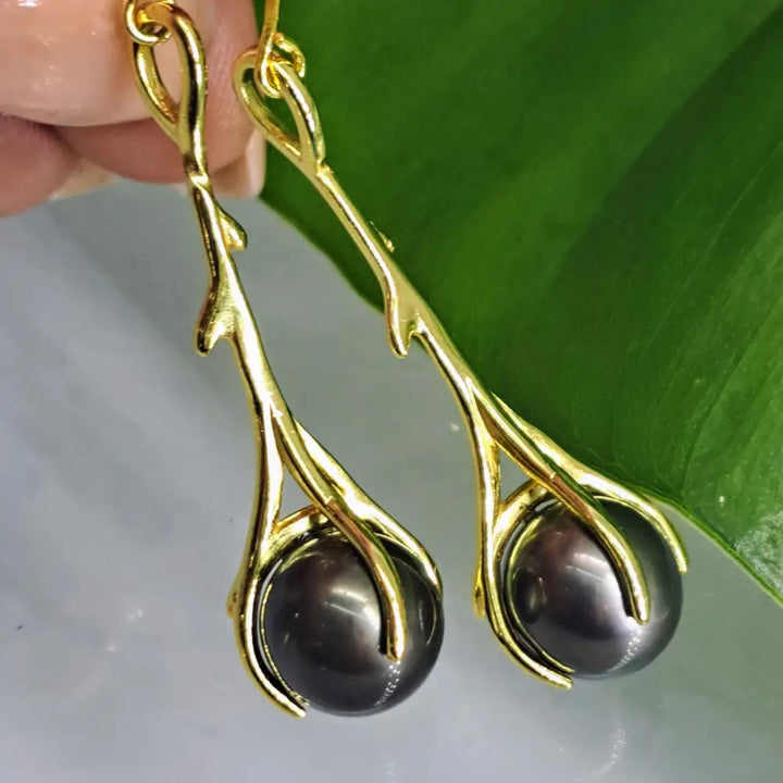 ?DIvining Rods’ 2.25’’ Earrings - Tahitian Pearls Anti-tarnish Sterling / Gold