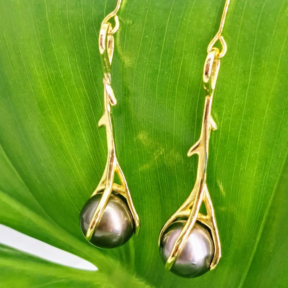 ?DIvining Rods’ 2.25’’ Earrings - Tahitian Pearls Anti-tarnish Sterling / Gold