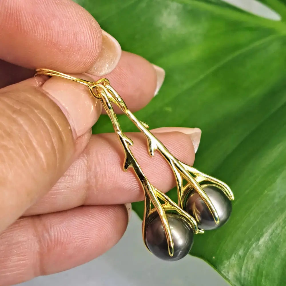 ?DIvining Rods’ 2.25’’ Earrings - Tahitian Pearls Anti-tarnish Sterling / Gold