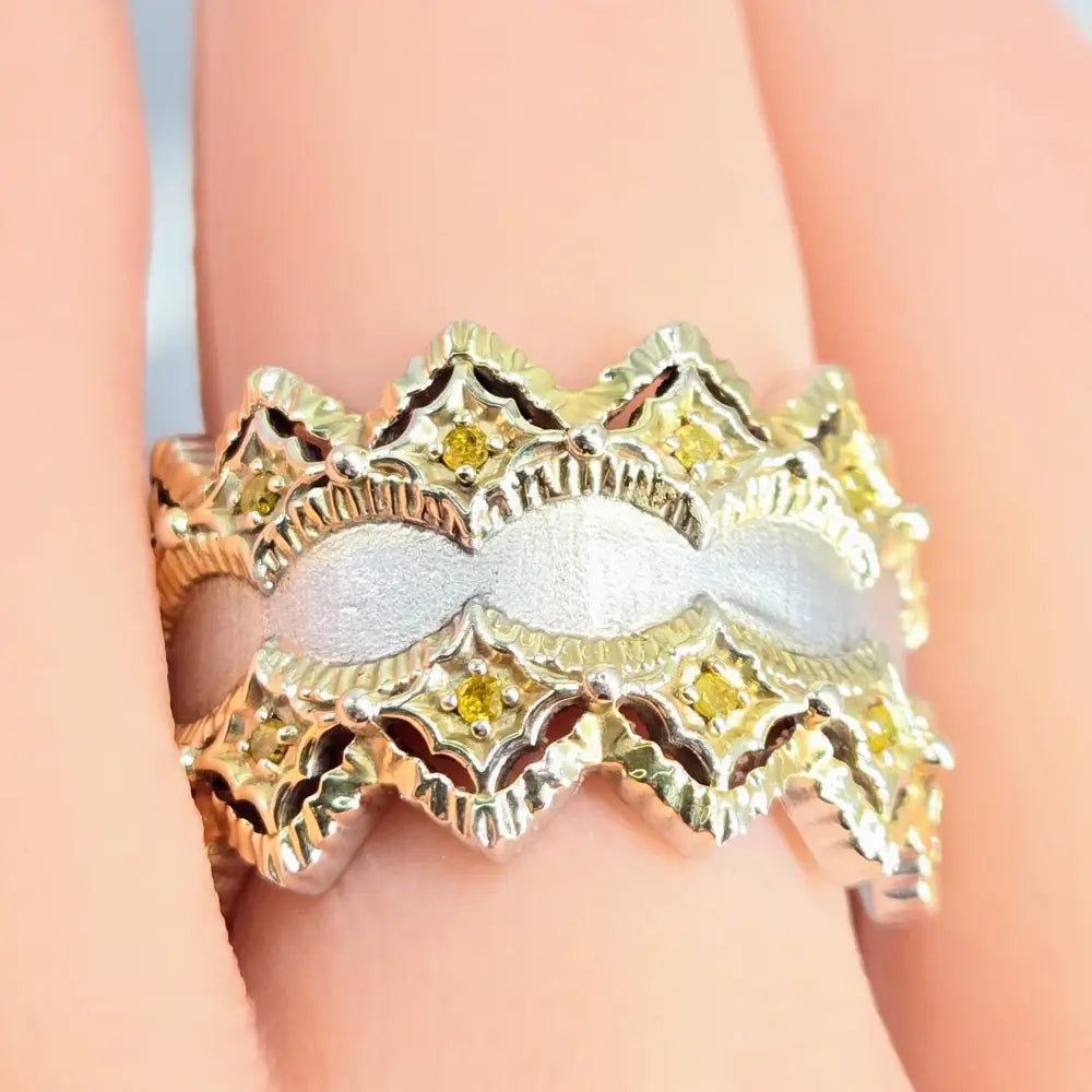?DOuble Crown’ Sz 8 Ring - Yellow Diamonds Sterling 18k Gold Band