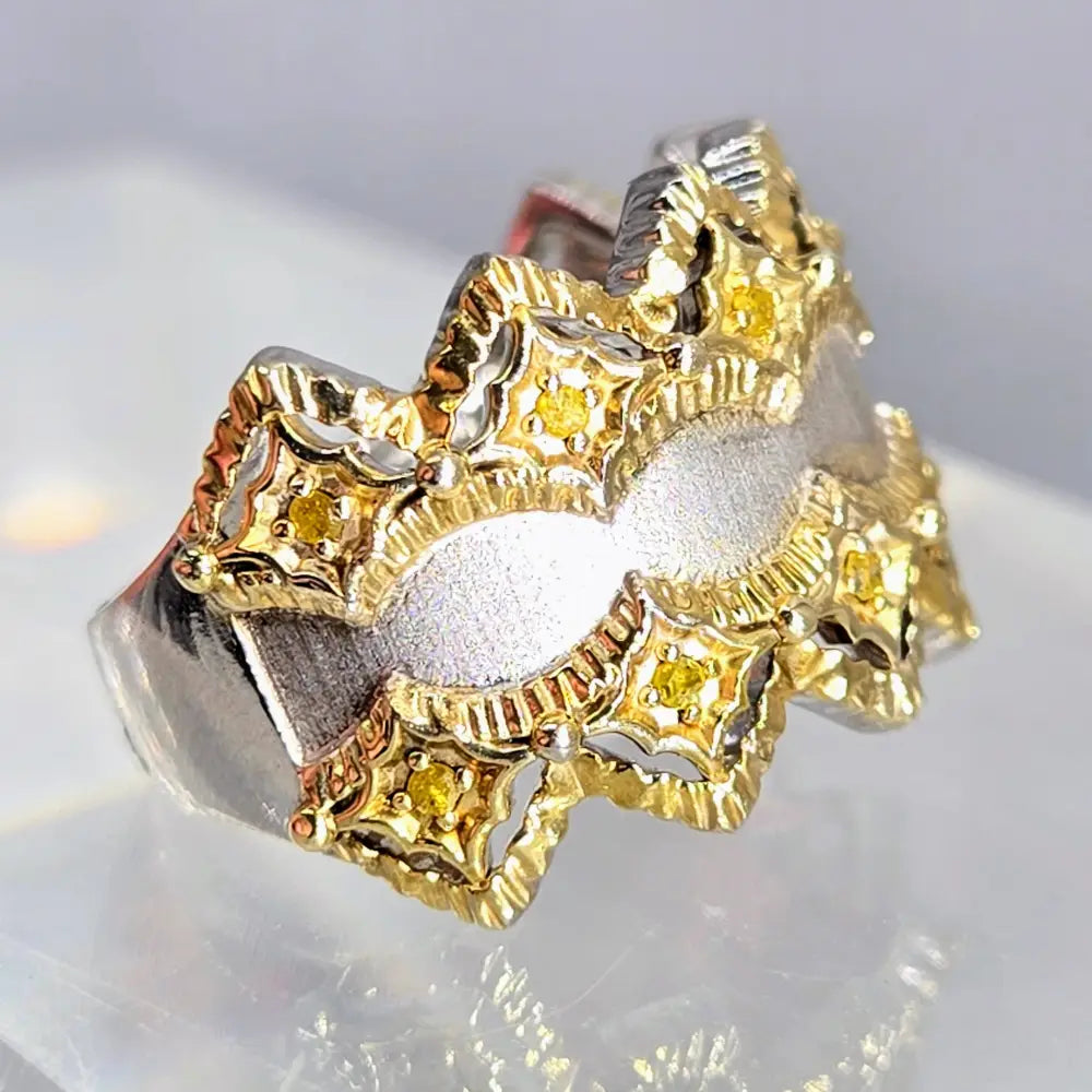 ?DOuble Crown’ Sz 8 Ring - Yellow Diamonds Sterling 18k Gold Band