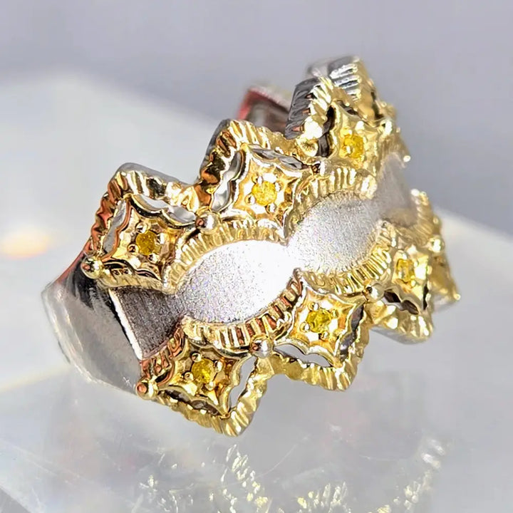 ?DOuble Crown’ Sz 8 Ring - Yellow Diamonds Sterling 18k Gold Band