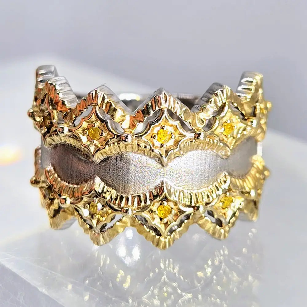 ?DOuble Crown’ Sz 8 Ring - Yellow Diamonds Sterling 18k Gold Band