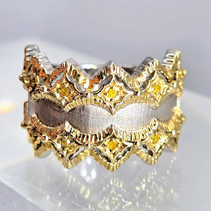 ?DOuble Crown’ Sz 8 Ring - Yellow Diamonds Sterling 18k Gold Band