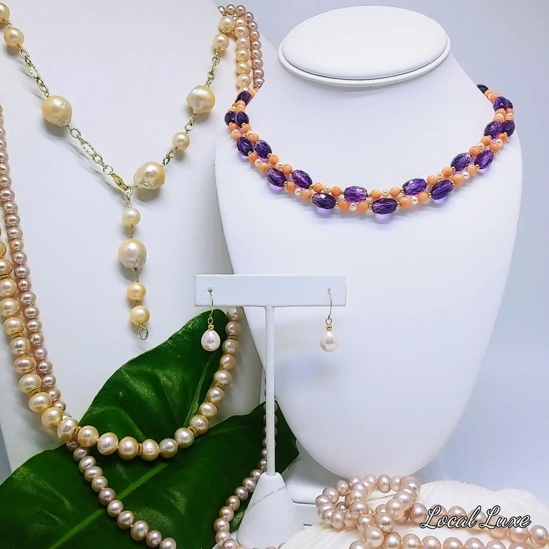 A double-strand choker necklace featuring alternating oval-cut purple amethyst and peach-colored coral beads, accented with small white pearls.