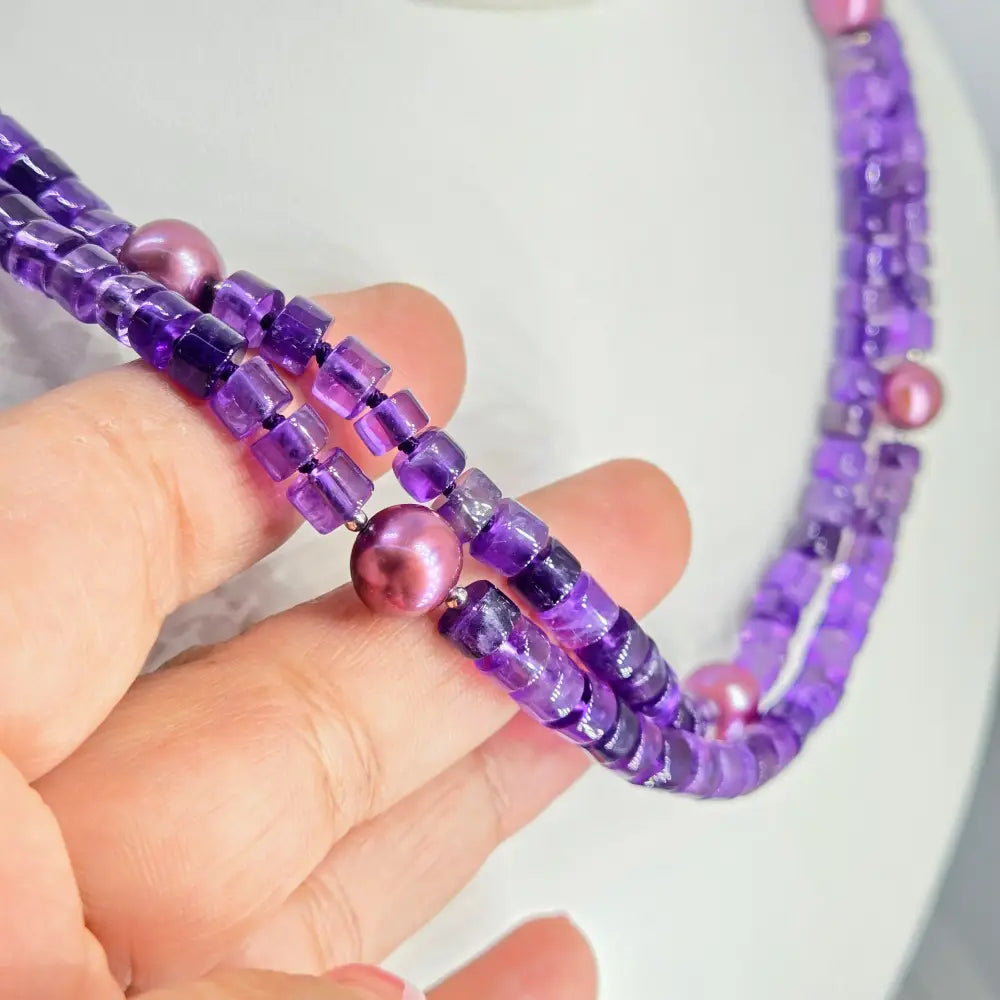 ?DOuble Violet Vibes’ 18’’ Necklace - Amethyst Pearls Sterling