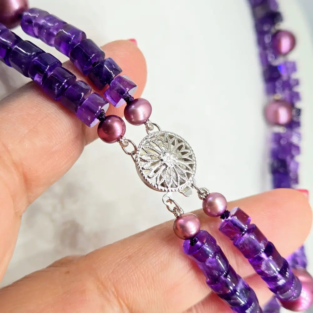 ?DOuble Violet Vibes’ 18’’ Necklace - Amethyst Pearls Sterling