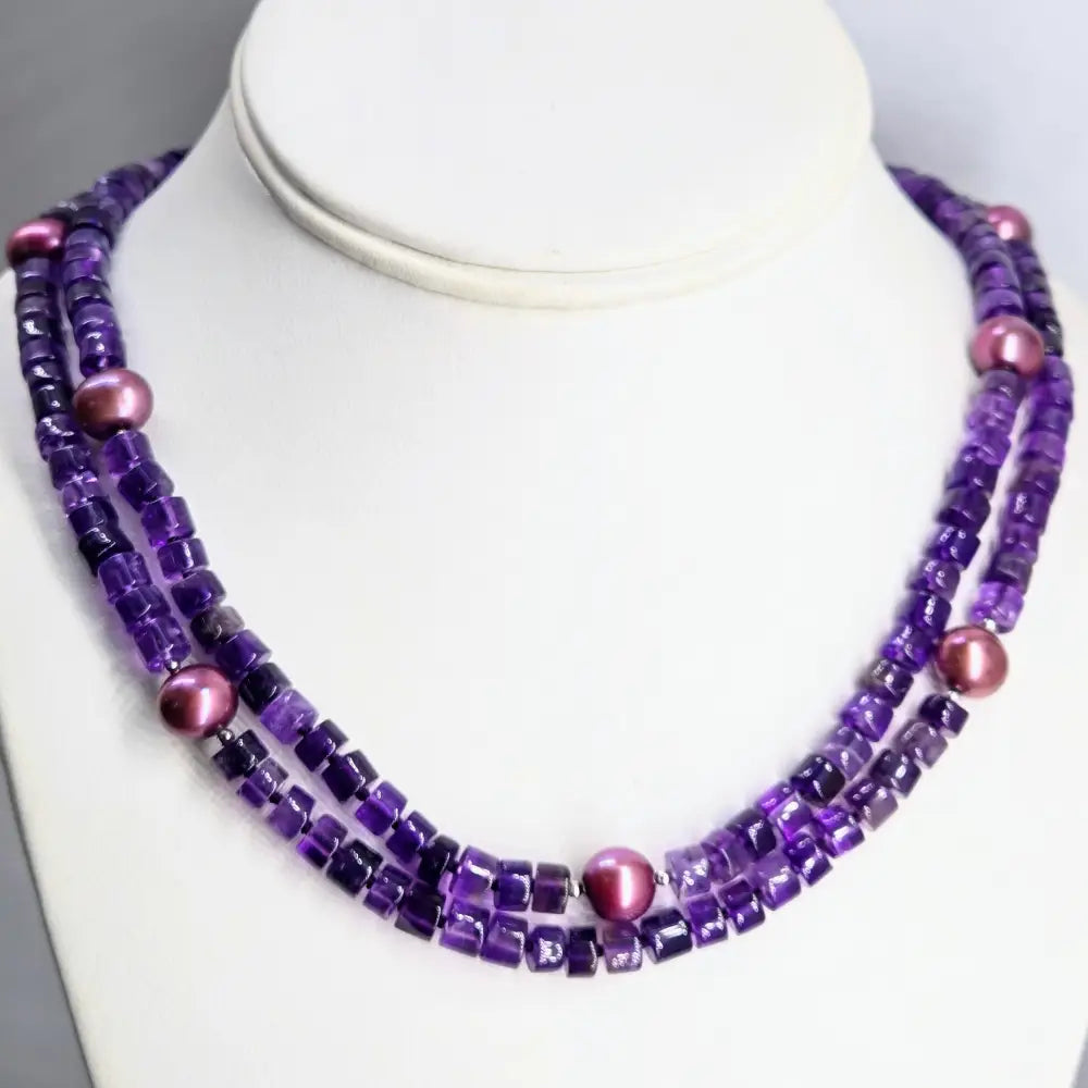 ?DOuble Violet Vibes’ 18’’ Necklace - Amethyst Pearls Sterling