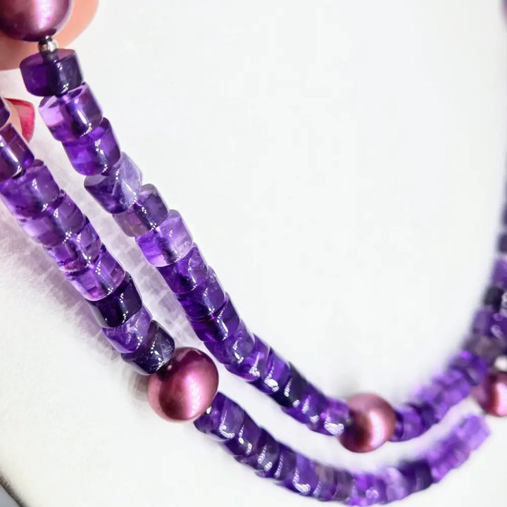 ?DOuble Violet Vibes’ 18’’ Necklace - Amethyst Pearls Sterling
