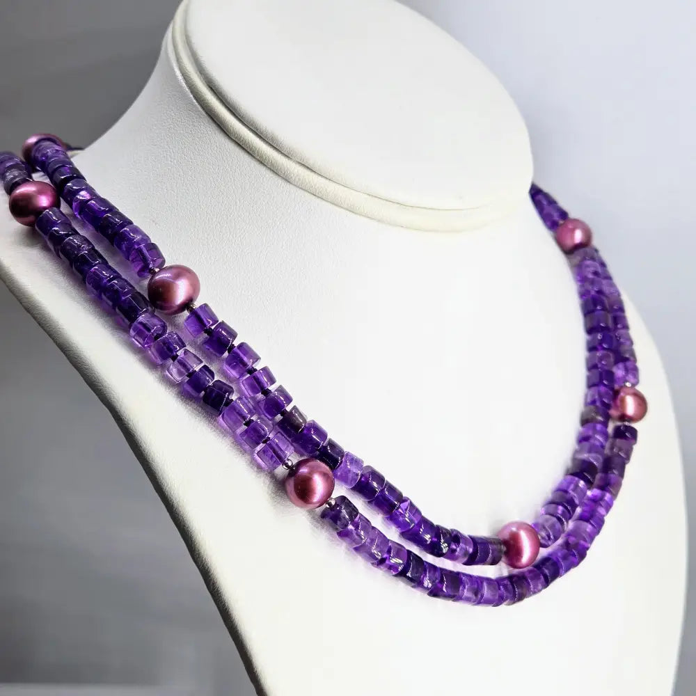 ?DOuble Violet Vibes’ 18’’ Necklace - Amethyst Pearls Sterling
