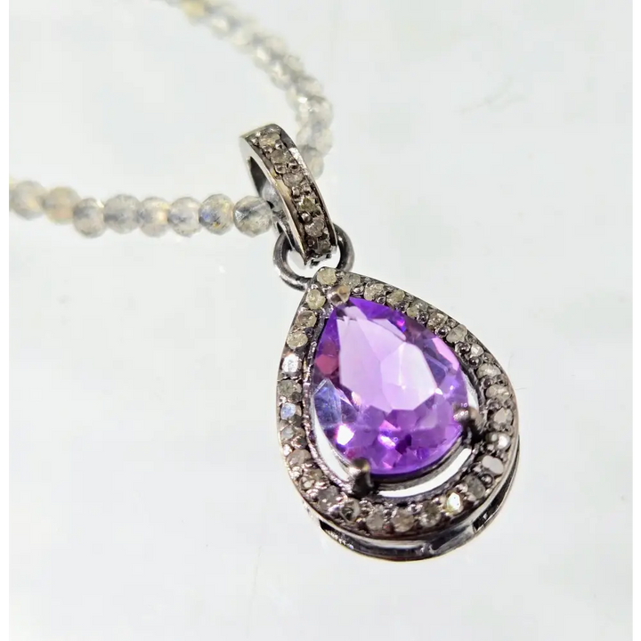 ?DUsky Delight’ 18’’-20’’ Pendant Necklace - Amethyst Diamonds Labradorite Strand Sterling