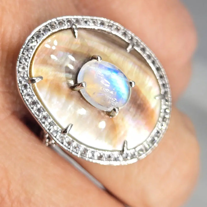 ?DUsky Moon’ Sz 7 Ring - Moonstone Tahitian Mother of Pearl Zircon Stone Anti-tarnish Sterling