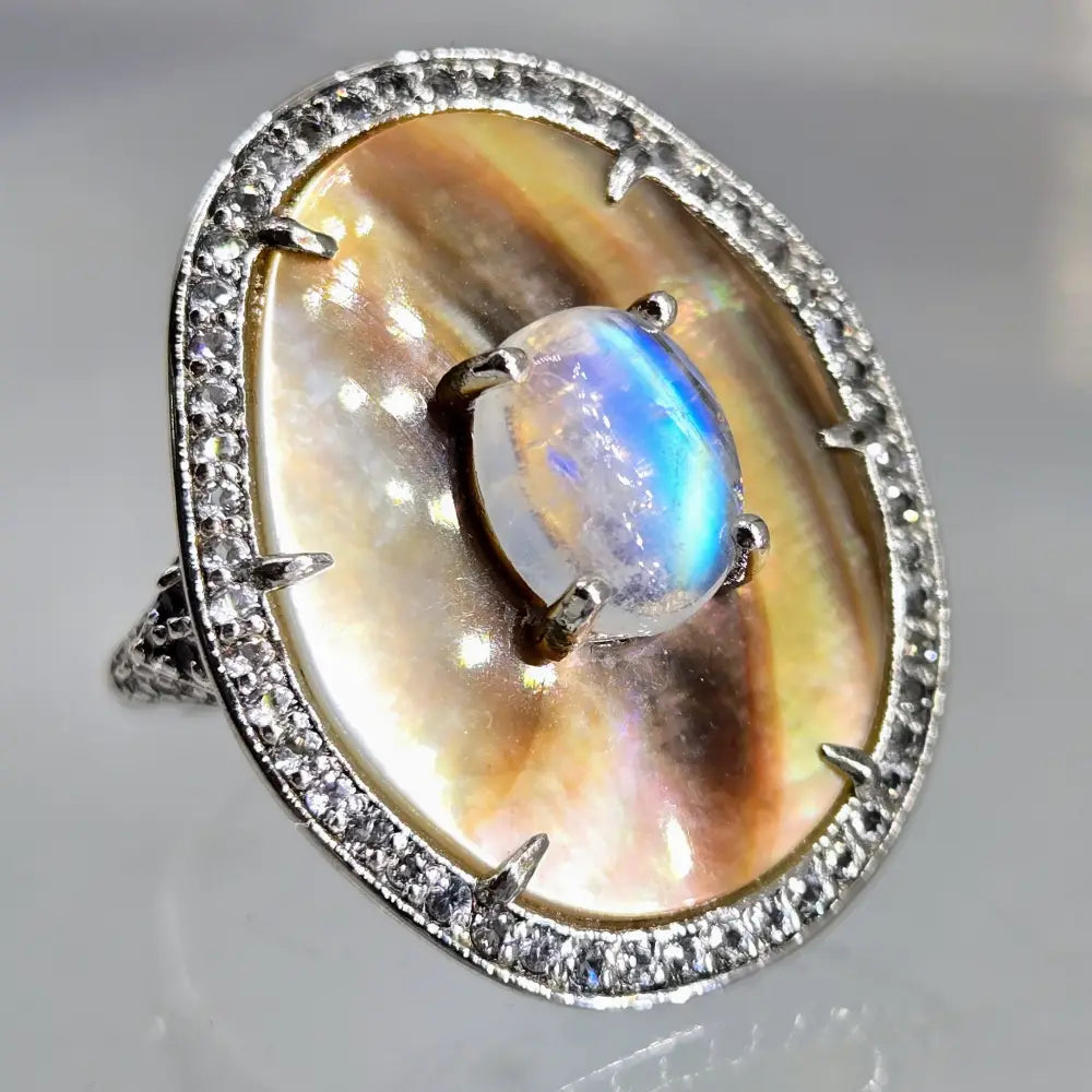 ?DUsky Moon’ Sz 7 Ring - Moonstone Tahitian Mother of Pearl Zircon Stone Anti-tarnish Sterling