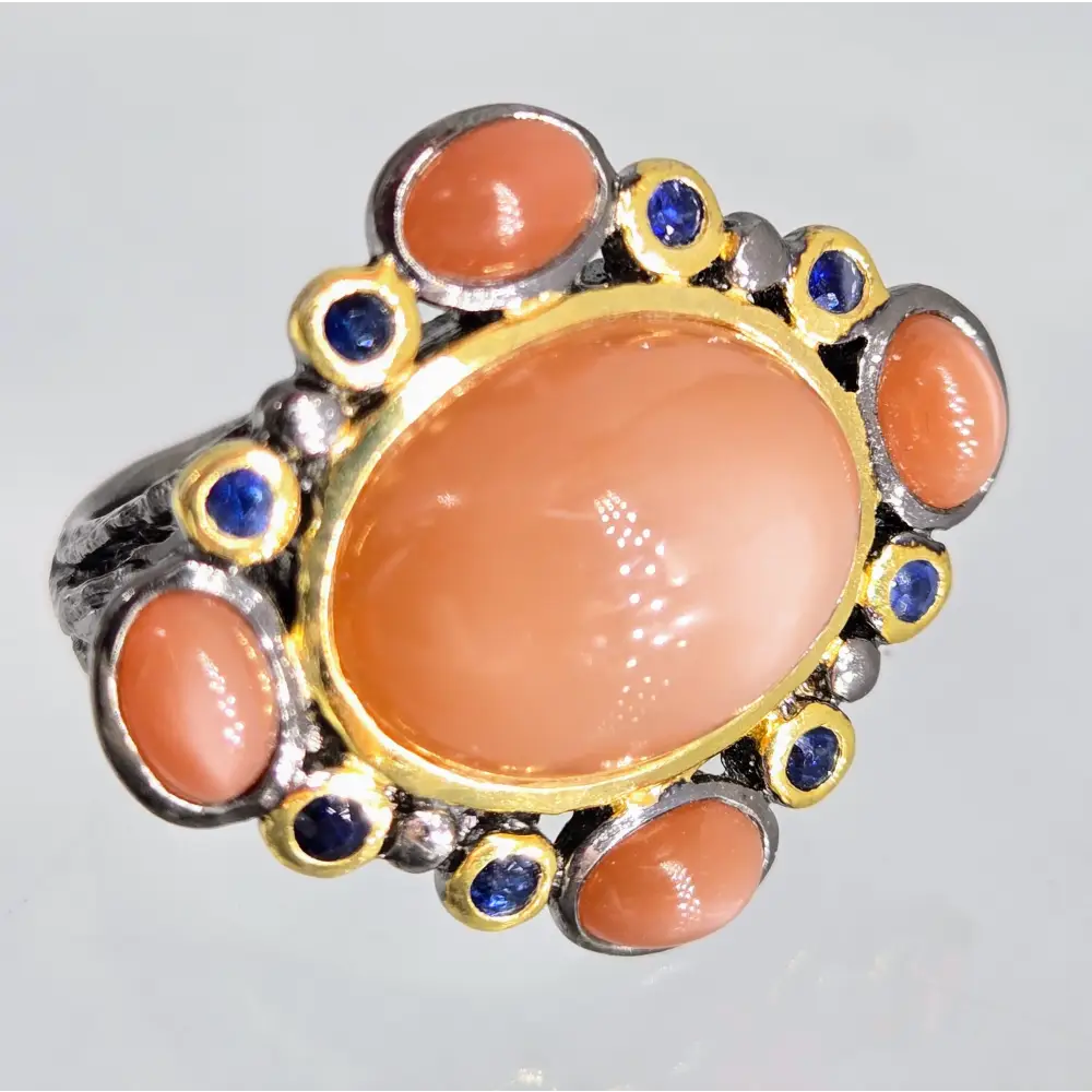 ?DUsky Sunsets’ Sz 8 Ring - Orange Moonstone Sapphire Black Sterling 18k Gold