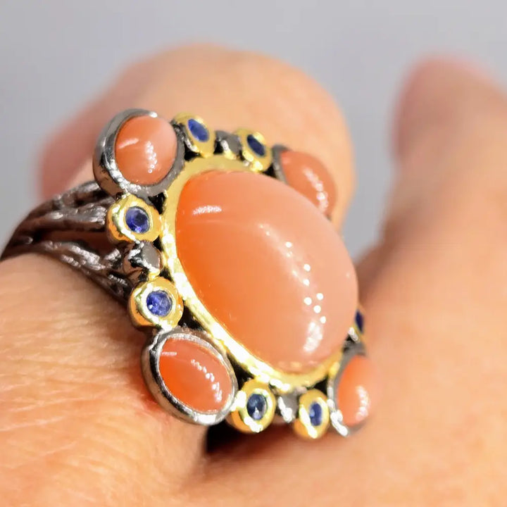 ?DUsky Sunsets’ Sz 8 Ring - Orange Moonstone Sapphire Black Sterling 18k Gold