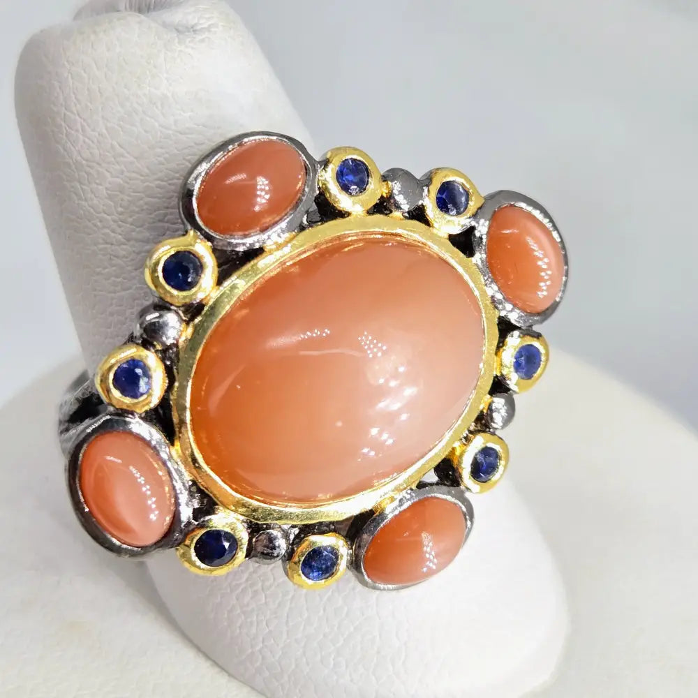 ?DUsky Sunsets’ Sz 8 Ring - Orange Moonstone Sapphire Black Sterling 18k Gold