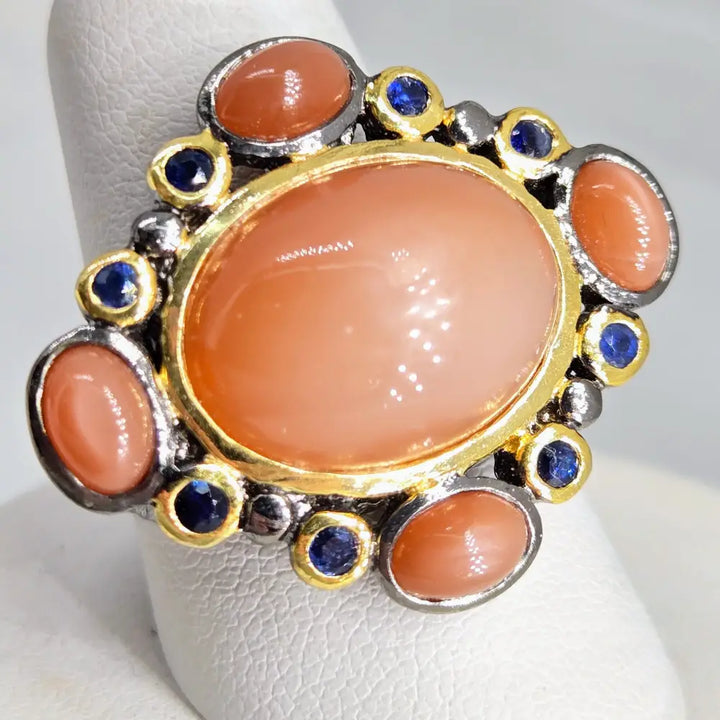 ?DUsky Sunsets’ Sz 8 Ring - Orange Moonstone Sapphire Black Sterling 18k Gold