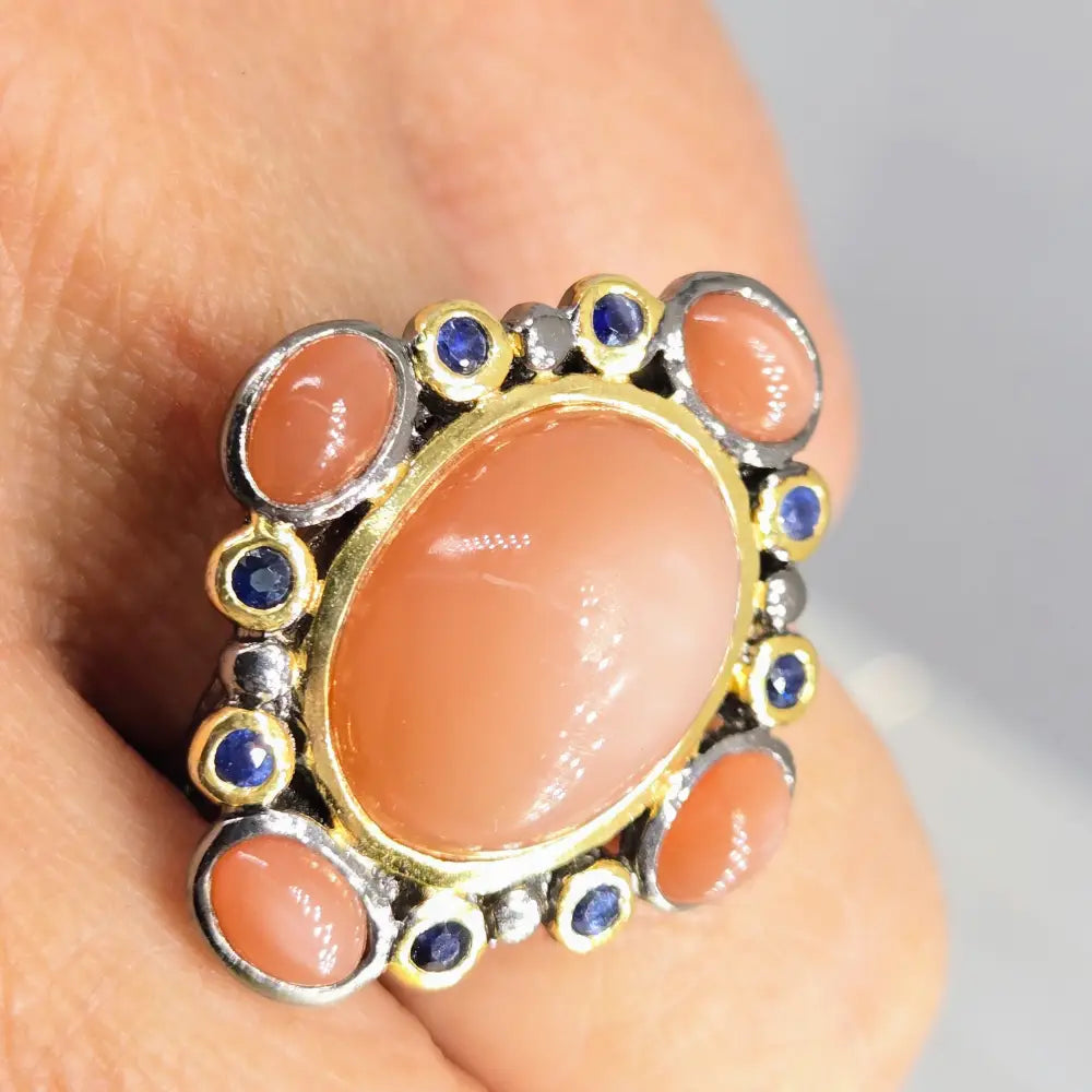 ?DUsky Sunsets’ Sz 8 Ring - Orange Moonstone Sapphire Black Sterling 18k Gold