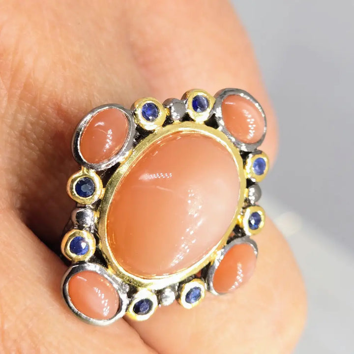 ?DUsky Sunsets’ Sz 8 Ring - Orange Moonstone Sapphire Black Sterling 18k Gold