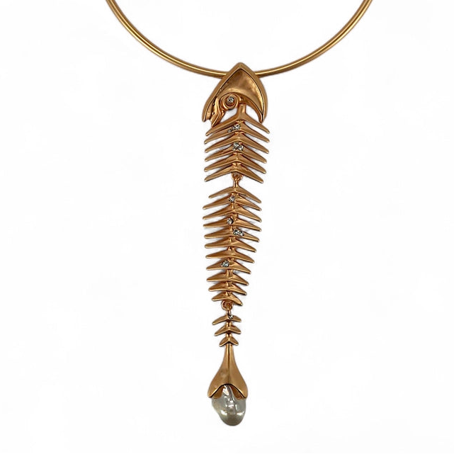 "Smooth Bones" Schiapparelli Style Matte Gold Fish Skeleton Collar Statement Necklace