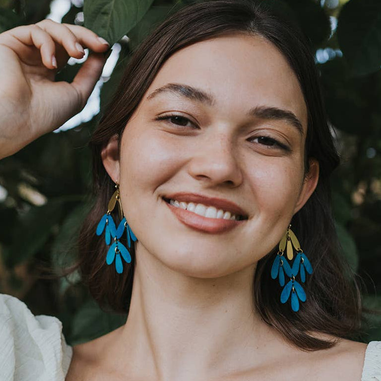 "Frondelettes" Chandelier Earrings - Teal Patina, Gold Petals
