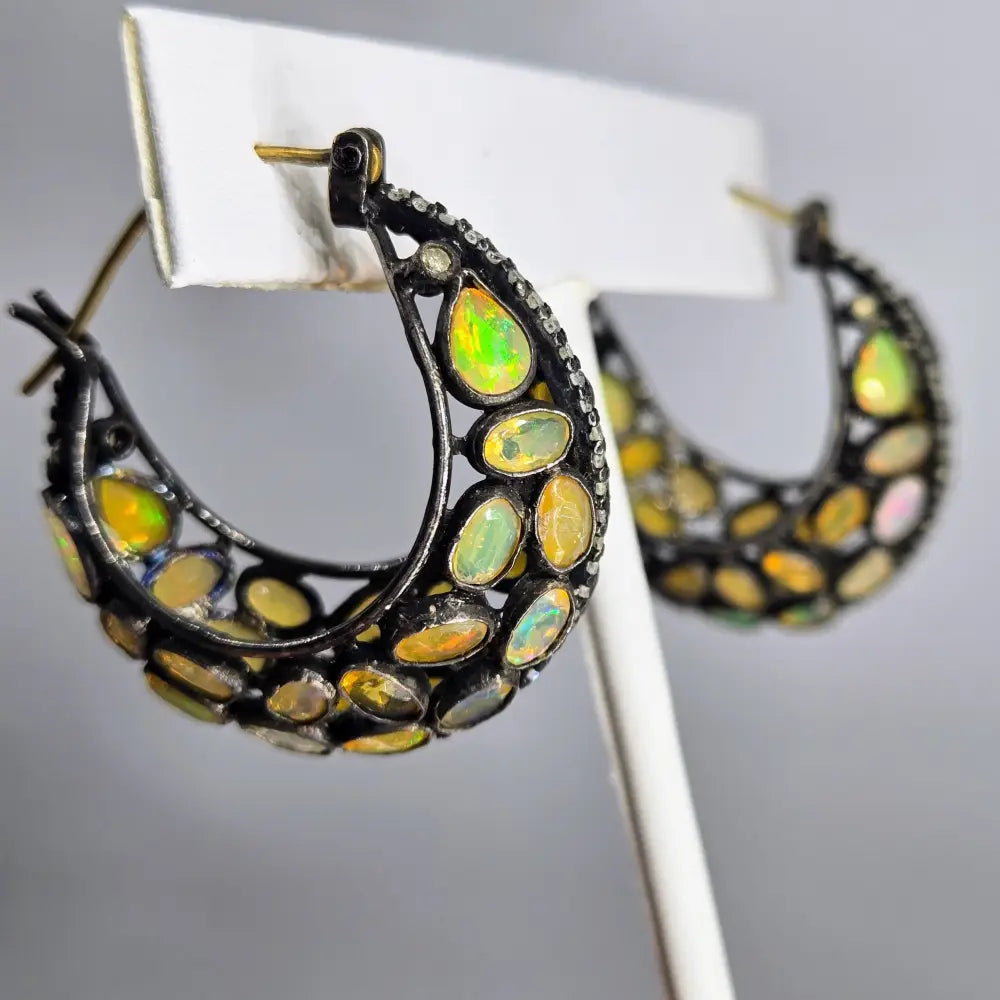 ?EArthly Fire’ 1.5’’ Earrings - Opal Diamond Black Sterling 18k Accents