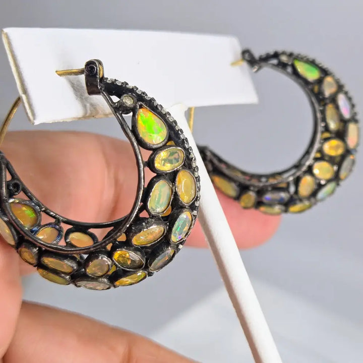 ?EArthly Fire’ 1.5’’ Earrings - Opal Diamond Black Sterling 18k Accents