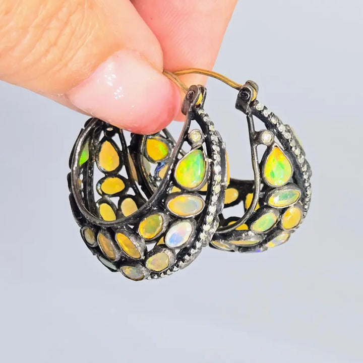 ?EArthly Fire’ 1.5’’ Earrings - Opal Diamond Black Sterling 18k Accents