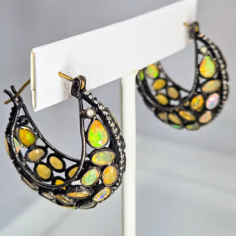 ?EArthly Fire’ 1.5’’ Earrings - Opal Diamond Black Sterling 18k Accents