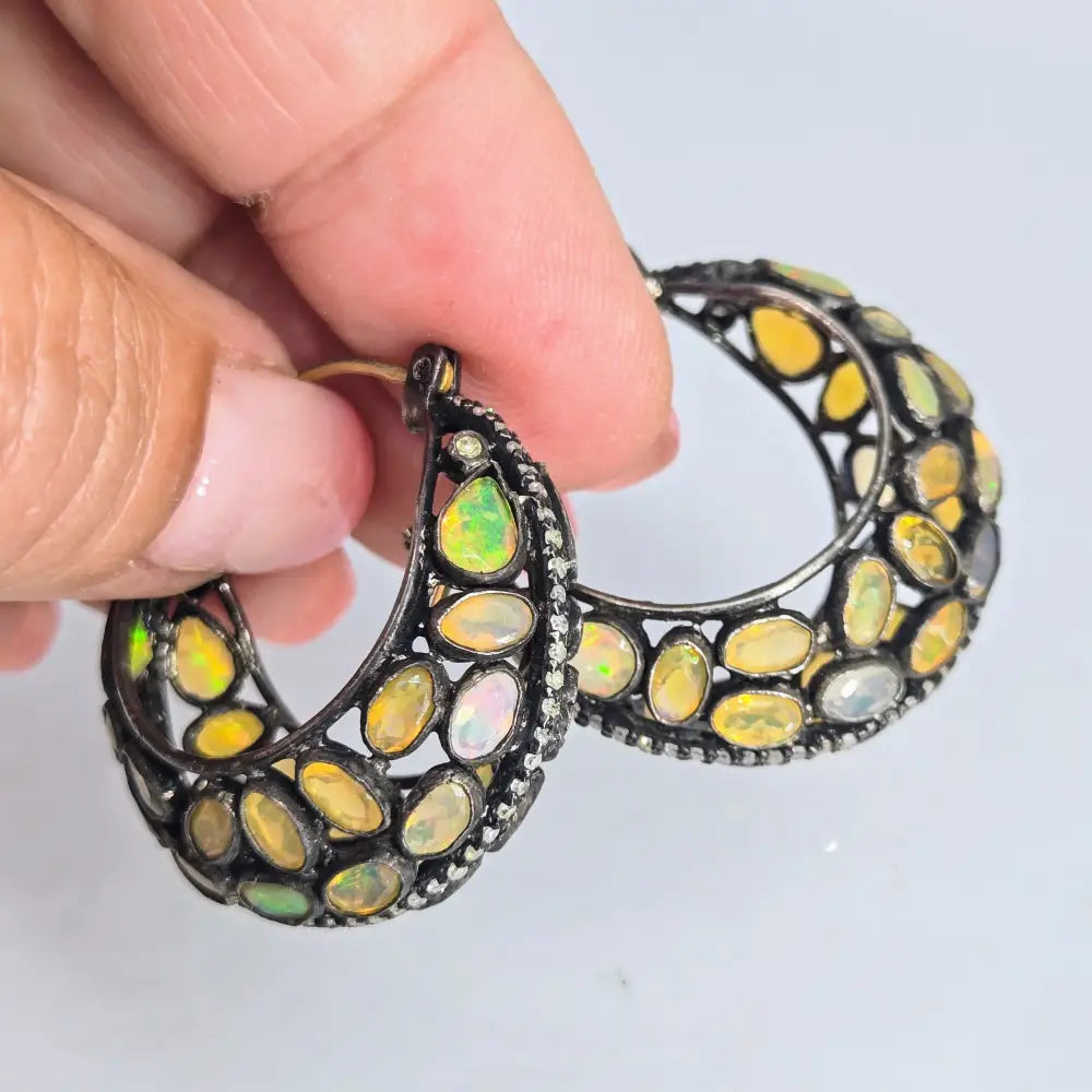 ?EArthly Fire’ 1.5’’ Earrings - Opal Diamond Black Sterling 18k Accents