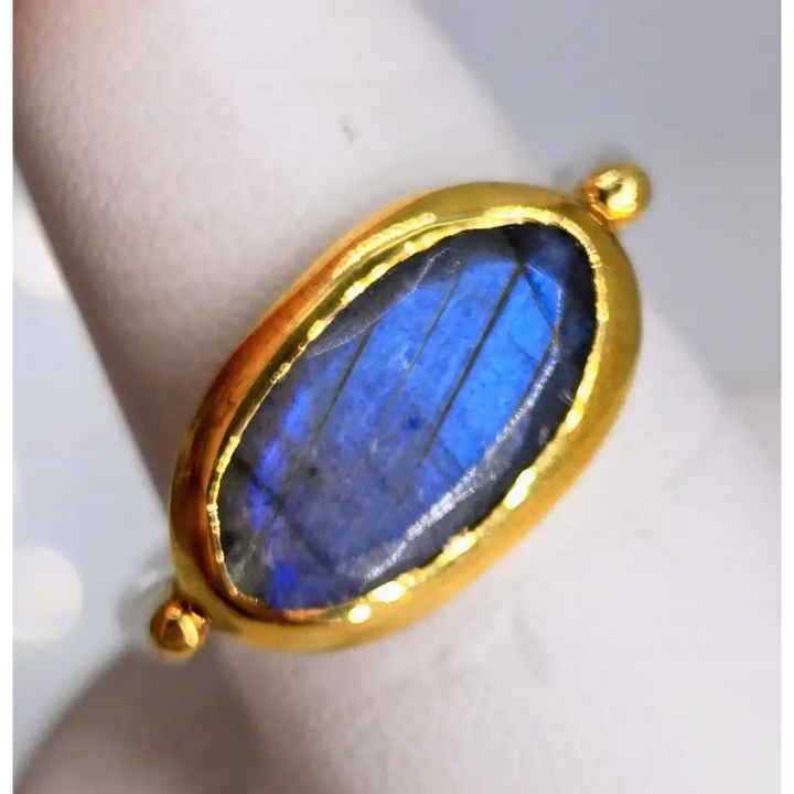 ?EAst West + Blue Ice’ Sz 7.25 Ring - Labradorite Sterling 18k Gold Accents