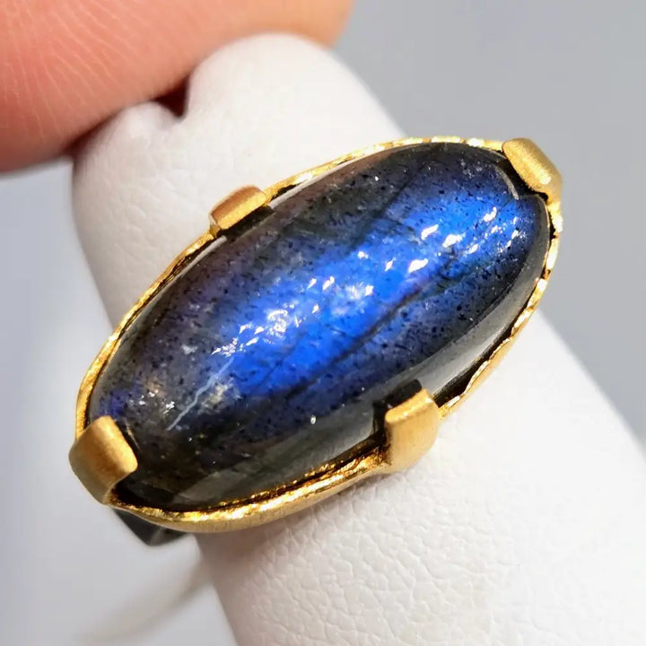 ?EAst West + Blue’ Sz 6 Ring - Labradorite Black Sterling 18k Gold Accents