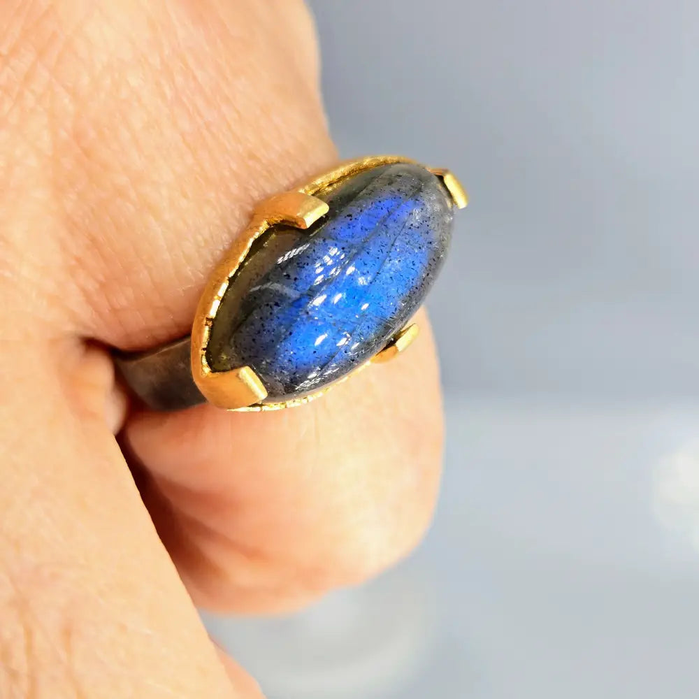 ?EAst West + Blue’ Sz 6 Ring - Labradorite Black Sterling 18k Gold Accents