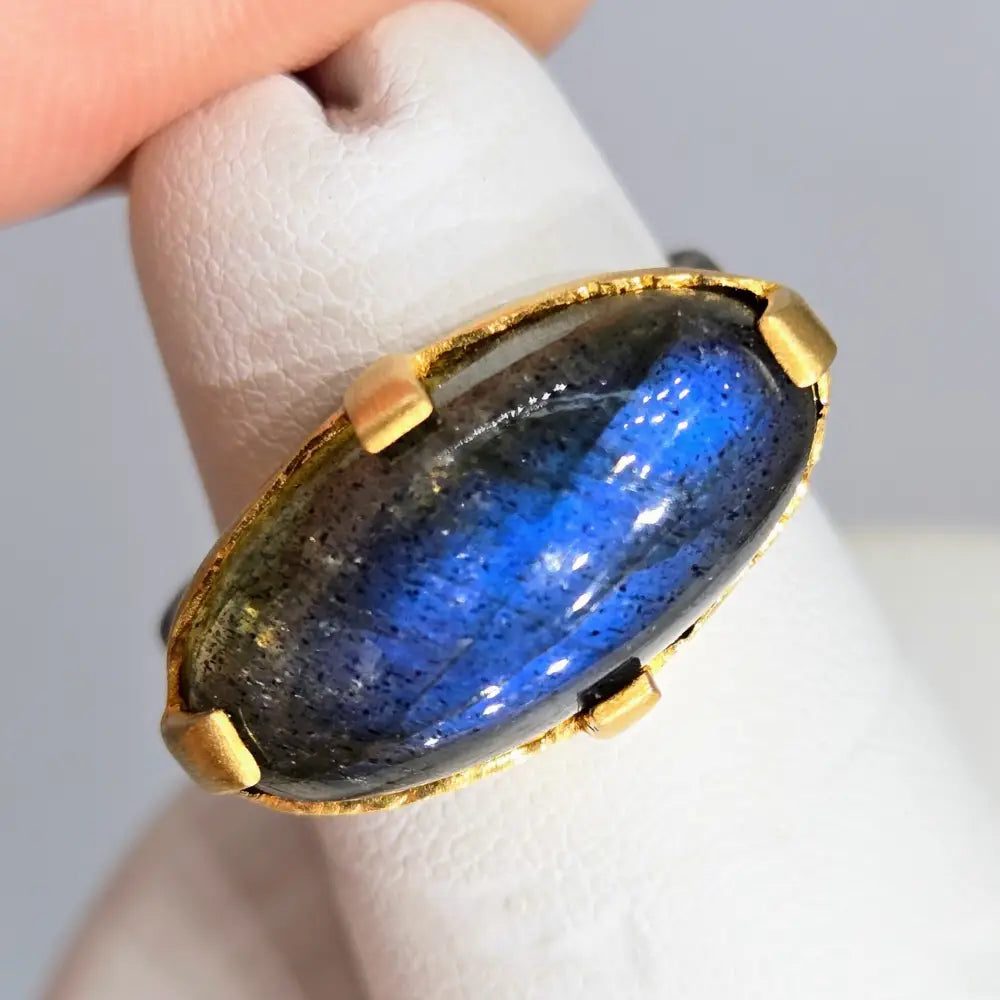?EAst West + Blue’ Sz 6 Ring - Labradorite Black Sterling 18k Gold Accents