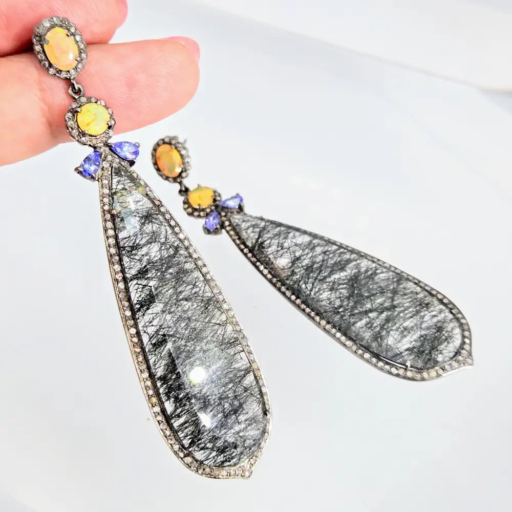 ?EClipse Noir’ 3.25’’ Earrings - Opal Tanzanite Tourmalinated Quartz Diamonds Sterling