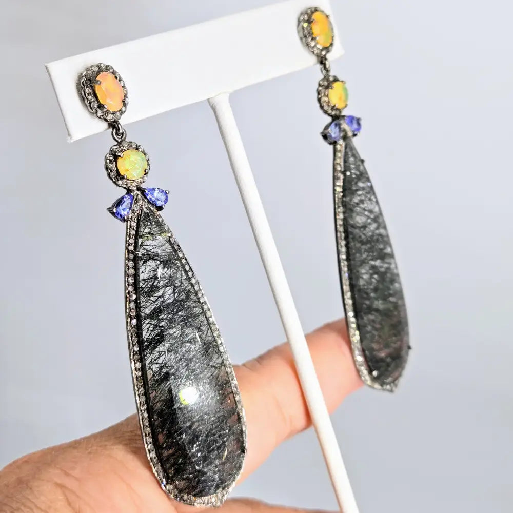 ?EClipse Noir’ 3.25’’ Earrings - Opal Tanzanite Tourmalinated Quartz Diamonds Sterling