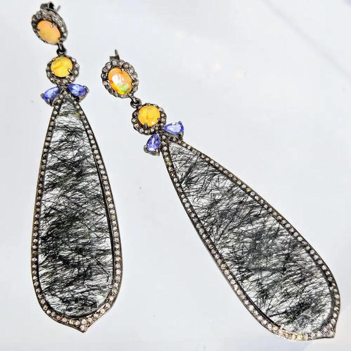 ?EClipse Noir’ 3.25’’ Earrings - Opal Tanzanite Tourmalinated Quartz Diamonds Sterling