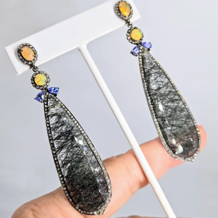 ?EClipse Noir’ 3.25’’ Earrings - Opal Tanzanite Tourmalinated Quartz Diamonds Sterling