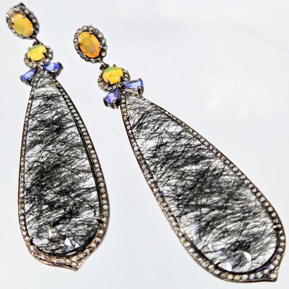 ?EClipse Noir’ 3.25’’ Earrings - Opal Tanzanite Tourmalinated Quartz Diamonds Sterling