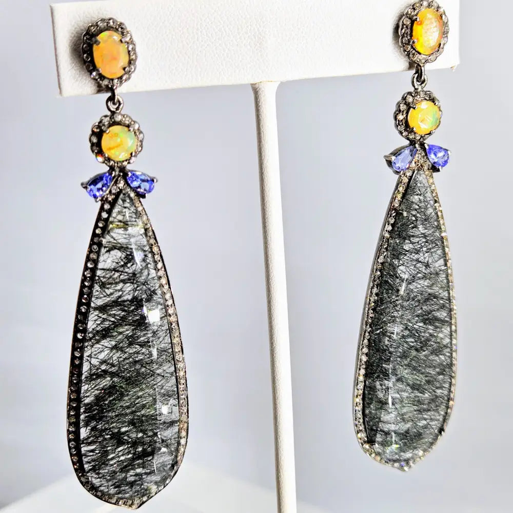 ?EClipse Noir’ 3.25’’ Earrings - Opal Tanzanite Tourmalinated Quartz Diamonds Sterling