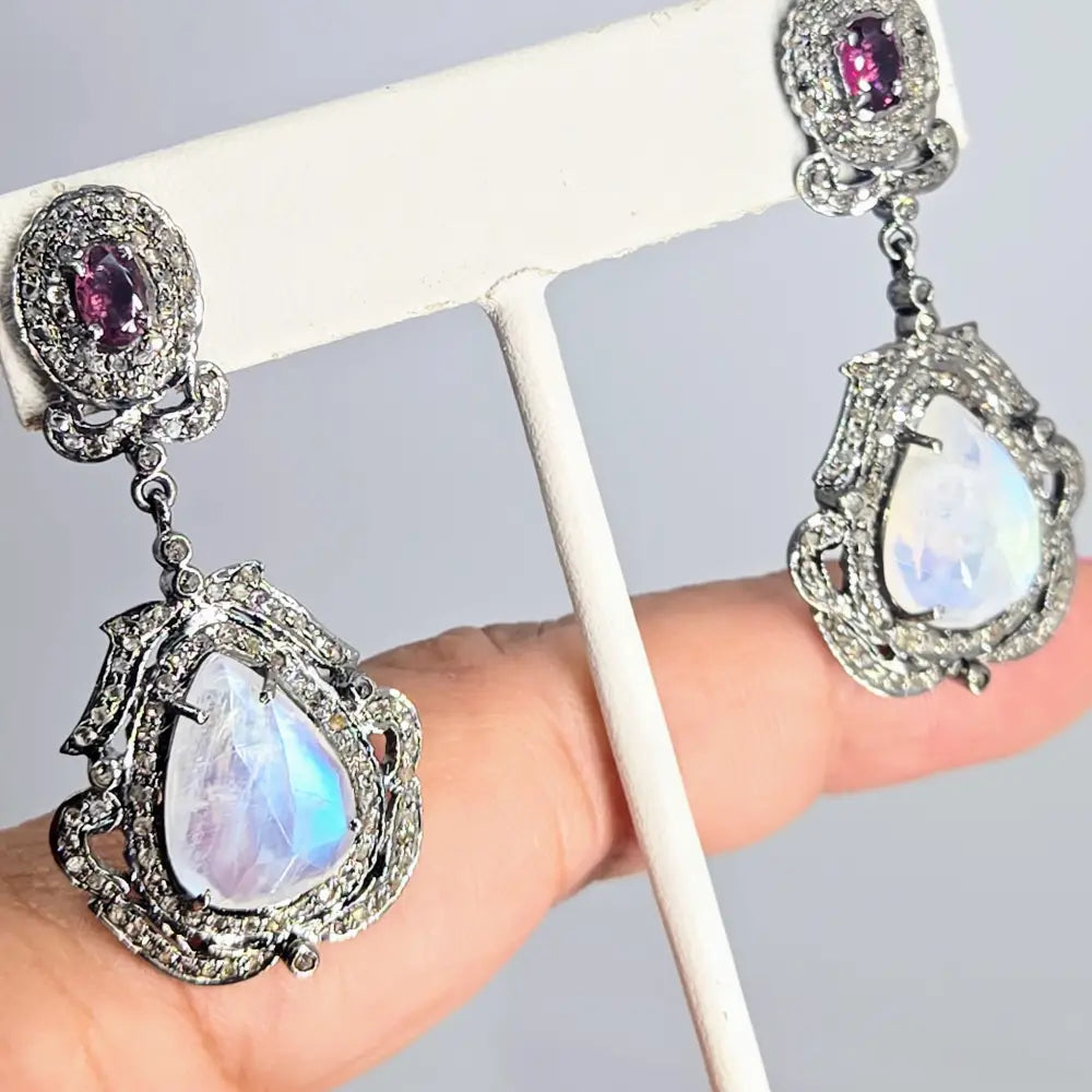 ?EDwardian Dreams’ 2’’ Earrings - Madagascar Moonstone Diamonds Rhodochrosite Oxidized Sterling