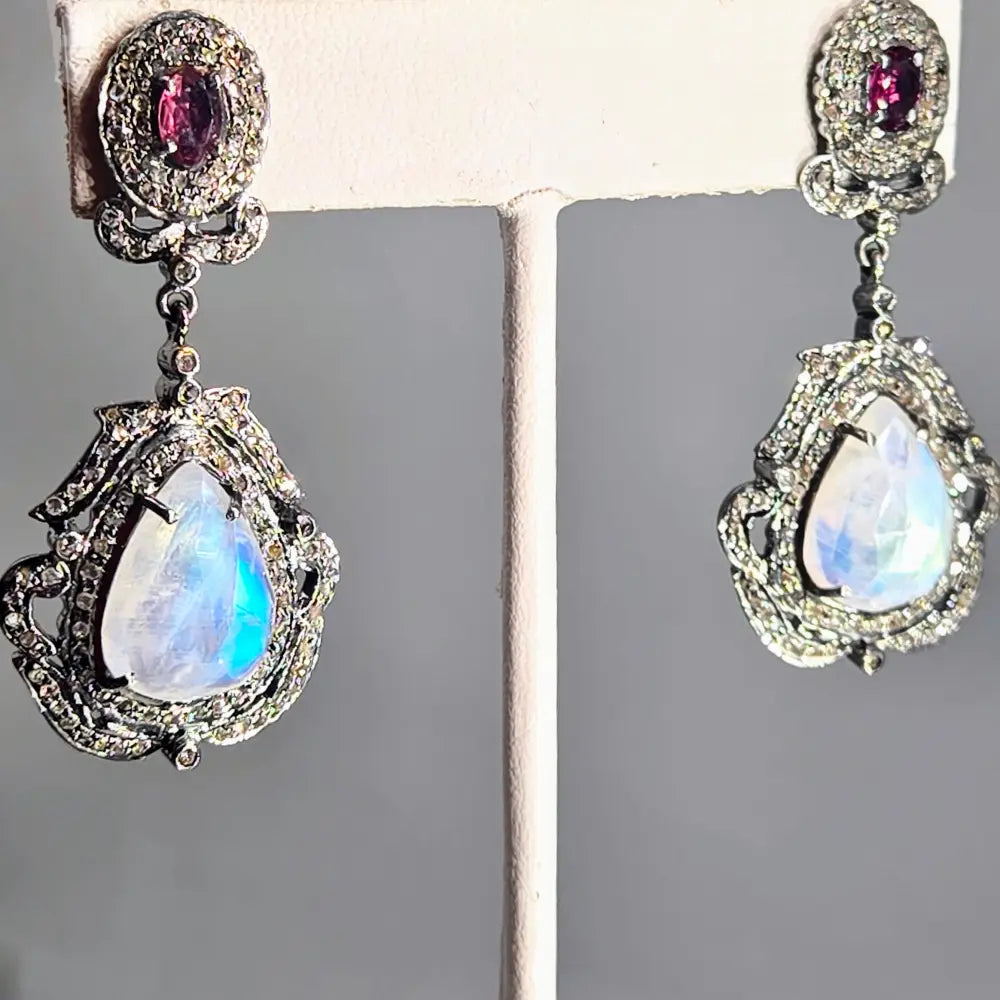 ?EDwardian Dreams’ 2’’ Earrings - Madagascar Moonstone Diamonds Rhodochrosite Oxidized Sterling