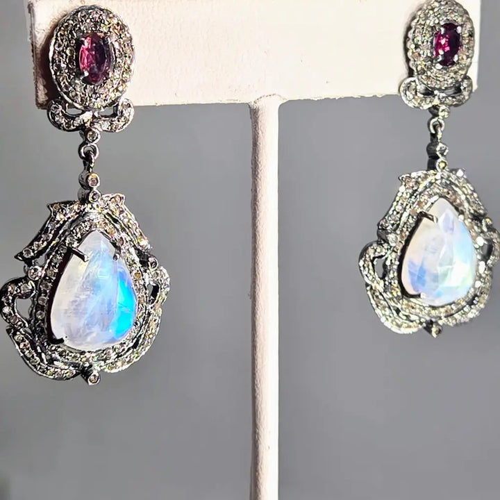 ?EDwardian Dreams’ 2’’ Earrings - Madagascar Moonstone Diamonds Rhodochrosite Oxidized Sterling