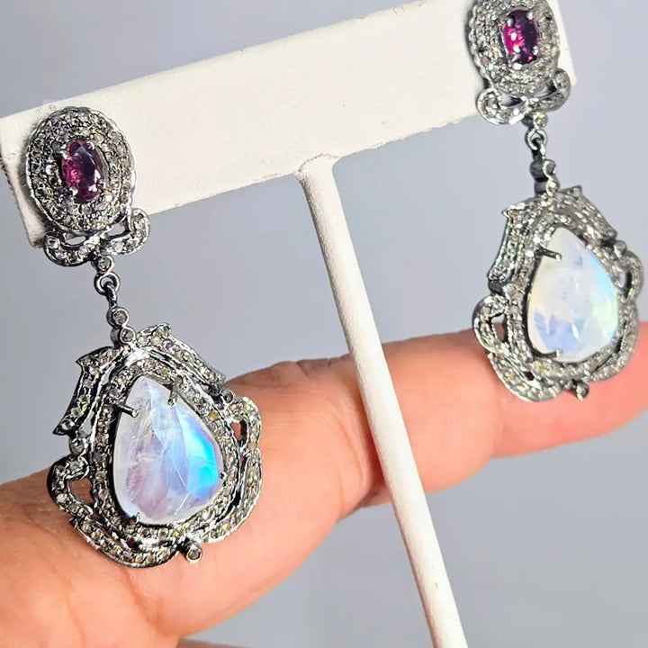 ?EDwardian Dreams’ 2’’ Earrings - Madagascar Moonstone Diamonds Rhodochrosite Oxidized Sterling