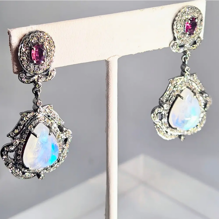 ?EDwardian Dreams’ 2’’ Earrings - Madagascar Moonstone Diamonds Rhodochrosite Oxidized Sterling