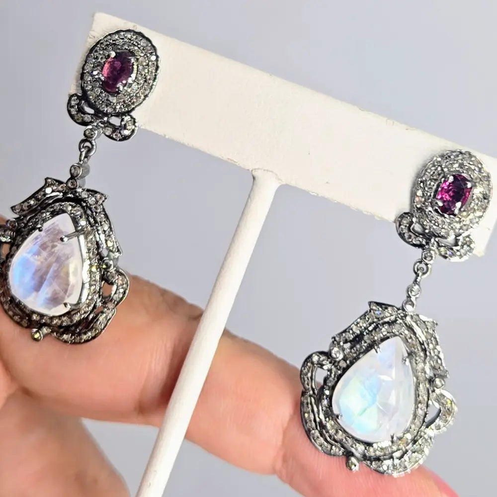 ?EDwardian Dreams’ 2’’ Earrings - Madagascar Moonstone Diamonds Rhodochrosite Oxidized Sterling